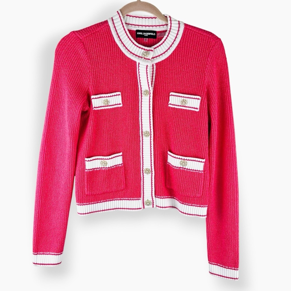 KARL‎ LAGERFELD Pink Cardigan Sweater Top Pearl Button Front Washable $129